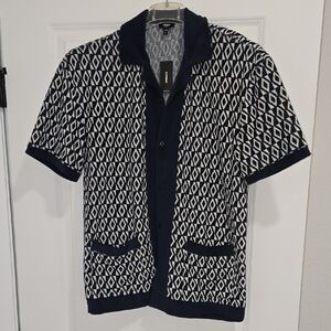 Express Navy and White Geometric Button Down Shirt